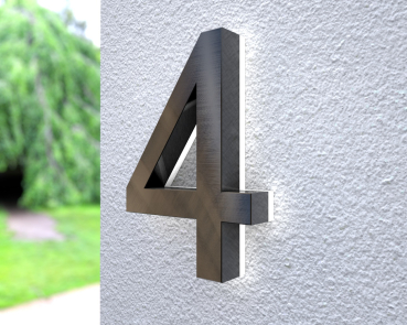 Beleuchtete LED-Edelstahl-Hausnummer 4 in 3D Optik "Patch Big Black 4"
