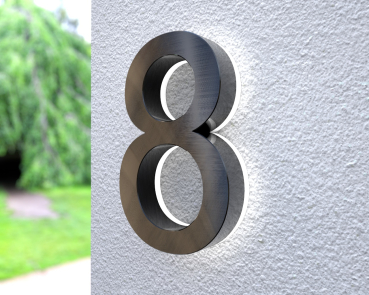 Beleuchtete LED-Edelstahl-Hausnummer 8 in 3D Optik mit Dämmerungssensor "Patch Big Black 8"