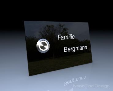 Schwarze-Design-Glasklingelplatte  mit Led-Osram-Namensbeleuchtung