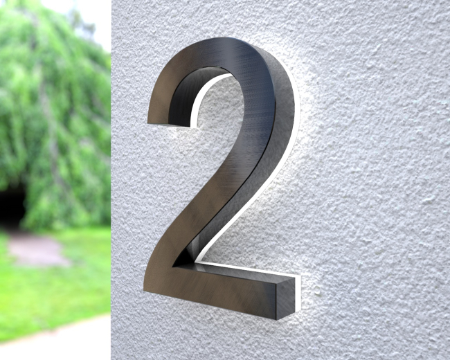 Beleuchtete LED-Edelstahl-Hausnummer 2 in 3D Optik "Big Black 2"