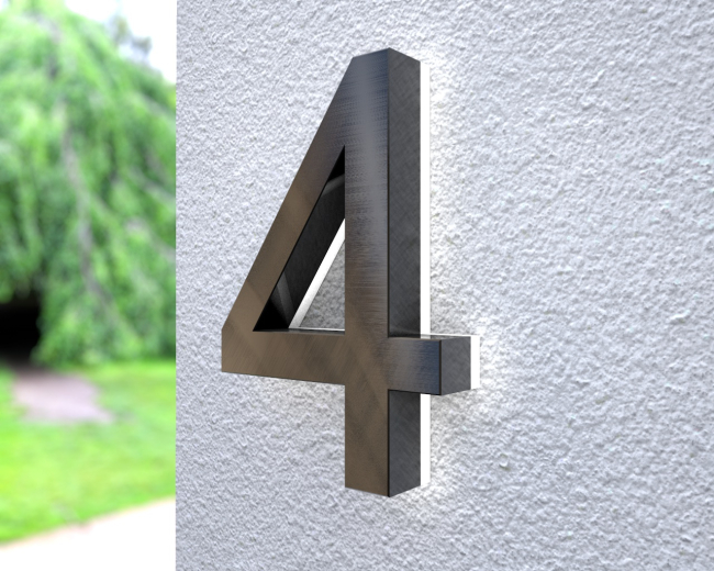 Beleuchtete LED-Edelstahl-Hausnummer 4 in 3D Optik "Patch Big Black 4"
