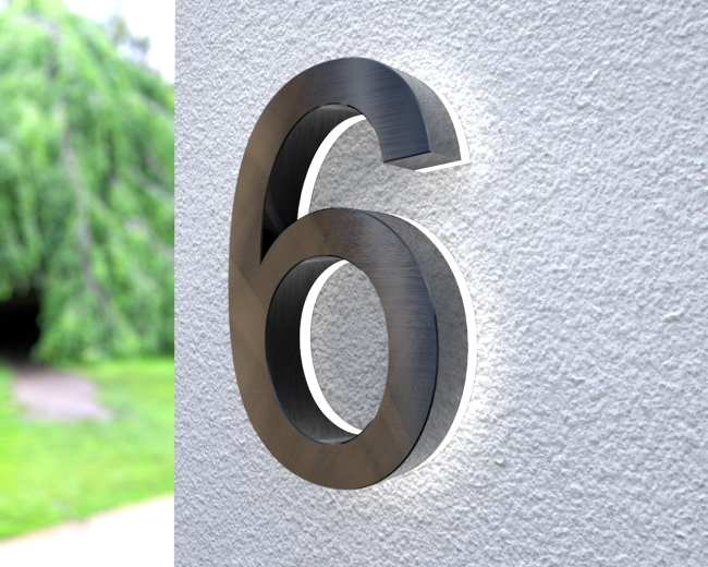 Beleuchtete LED-Edelstahl-Hausnummer 6 in 3D Optik "Patch Big Black 6"