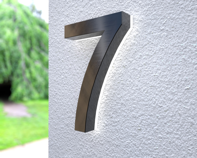 Beleuchtete LED-Edelstahl-Hausnummer 7 in 3D Optik "Patch Big Black 7"